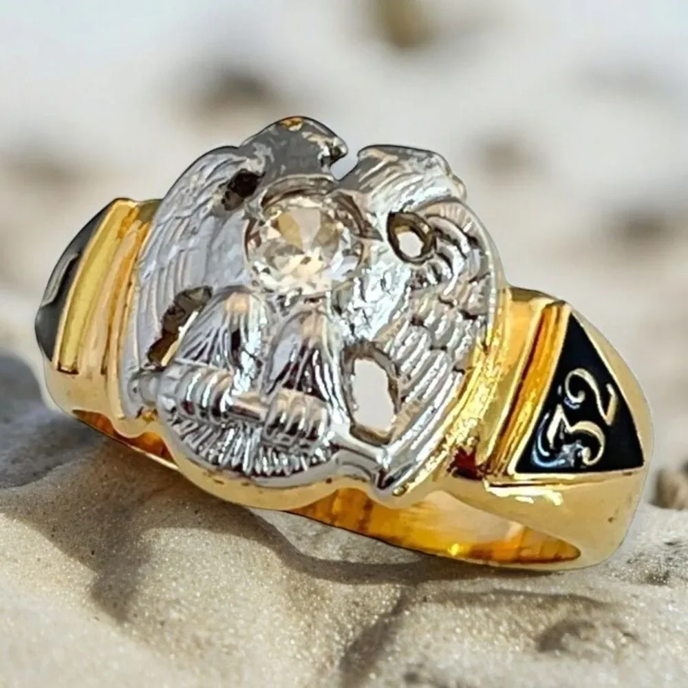Vintage Masonic Ring Size 7 14K Gold Plate Freemason 32nd degree CZ - 14A